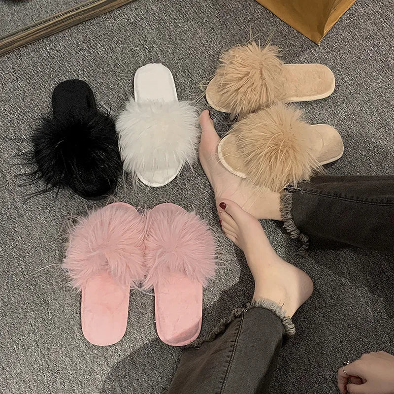 Autumn Women Feather Slippers