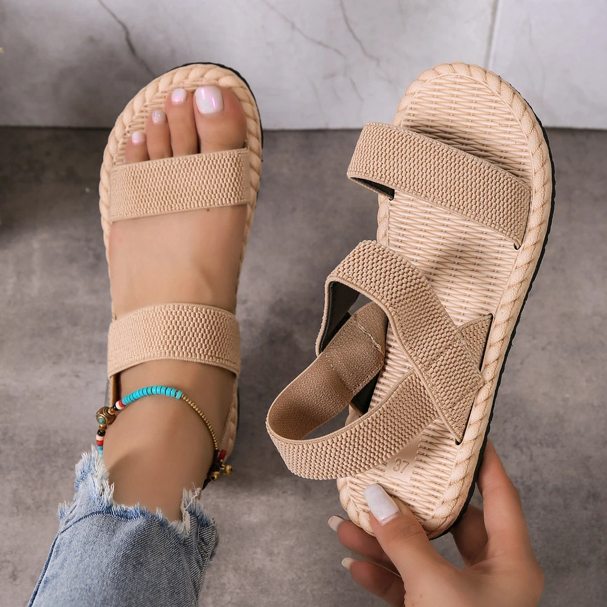 Ladies Double Lace Flat Sandals