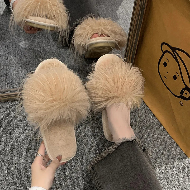 Autumn Women Feather Slippers